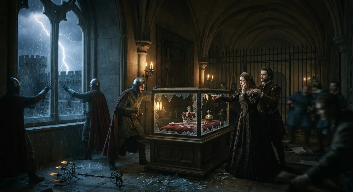Der Diebstahl im Königsschloss (The Theft in the Royal Castle) - A grand castle room with a missing crown on a display pedestal