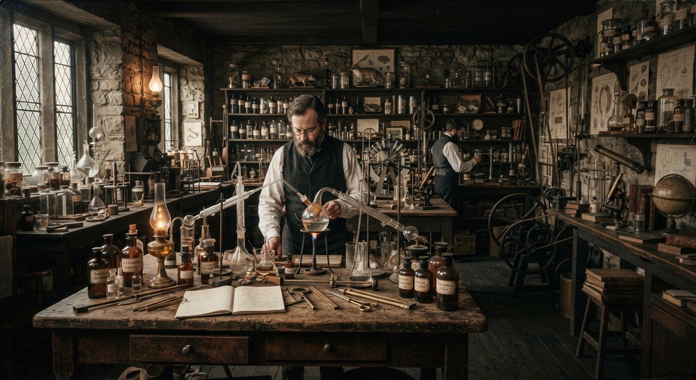 Das alte Labor (The Old Laboratory) - A young woman named Maria exploring a mysterious old basement laboratory with glass bottles on a wooden table. Illustration by Shawn Frandsen