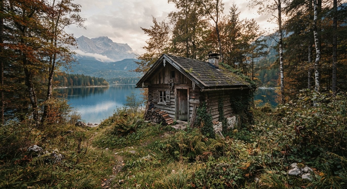 Das Geheimnis der kleinen Hütte (The Secret of the Little Cabin) - A cozy wooden cabin hidden among tall pine trees. Illustration by Shawn Frandsen