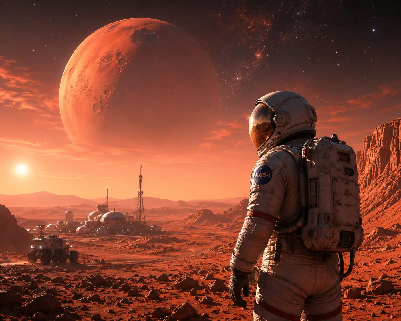 Die Reise zum roten Planeten (Journey to the Red Planet) - Spaceship approaching the planet Mars with astronauts in space suits. Illustration by Shawn Frandsen
