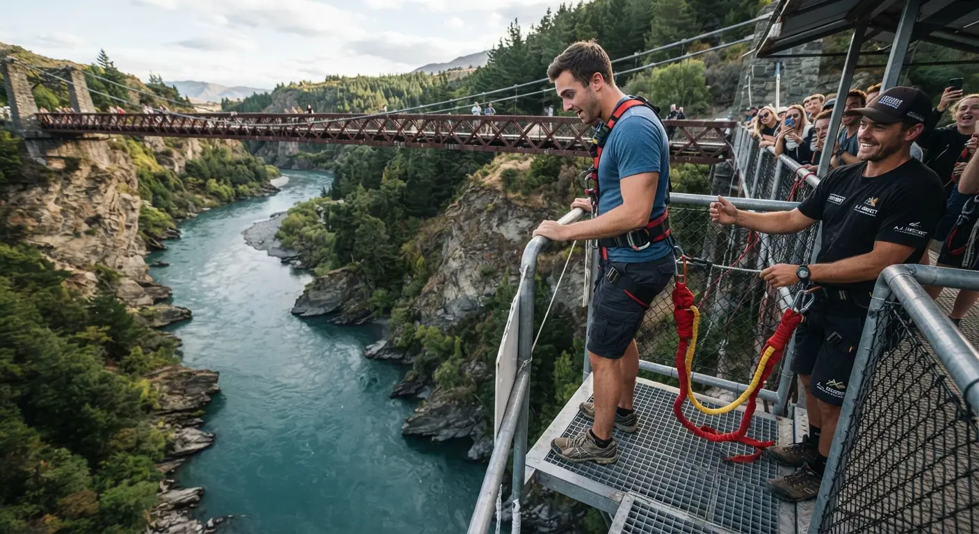 Der Sprung ins Abenteuer (The Leap into Adventure) - A person jumping across a scenic mountain stream