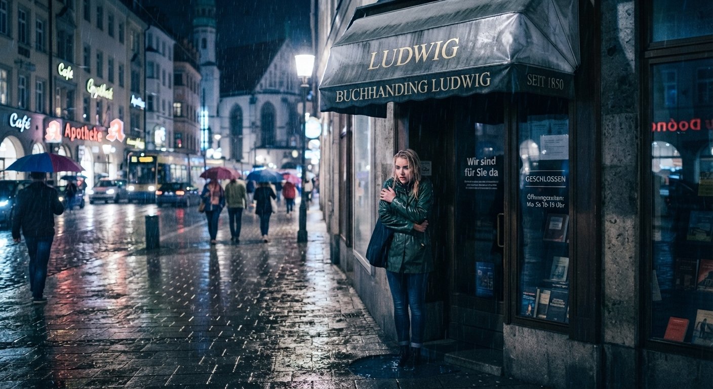 Der Kuss im Regensturm (The Kiss in the Rainstorm) - Two people sharing a romantic moment under an umbrella during a heavy rainstorm. Illustration by Shawn Frandsen