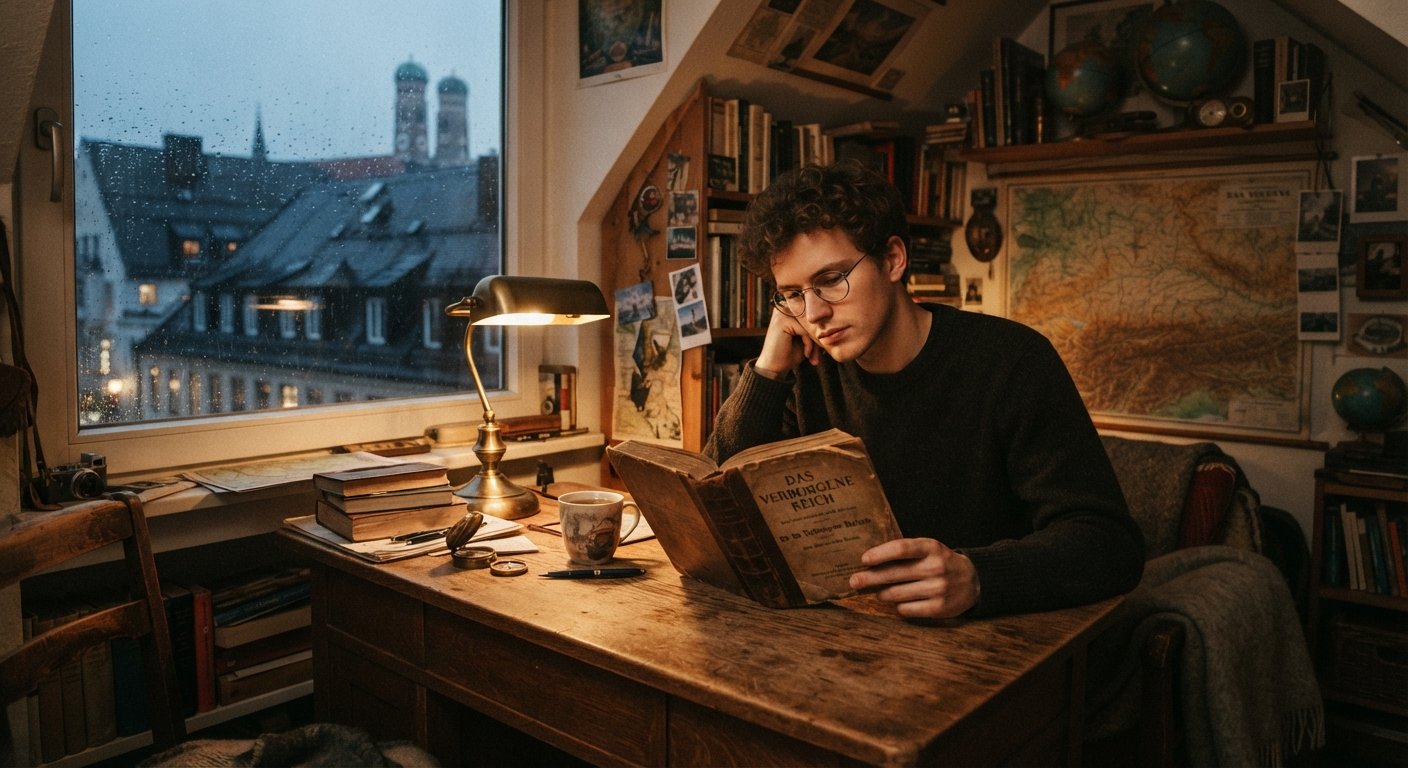 Das Geheimnis der alten Karte (The Secret of the Old Map) - An aged parchment map unfolded on a dark wooden table