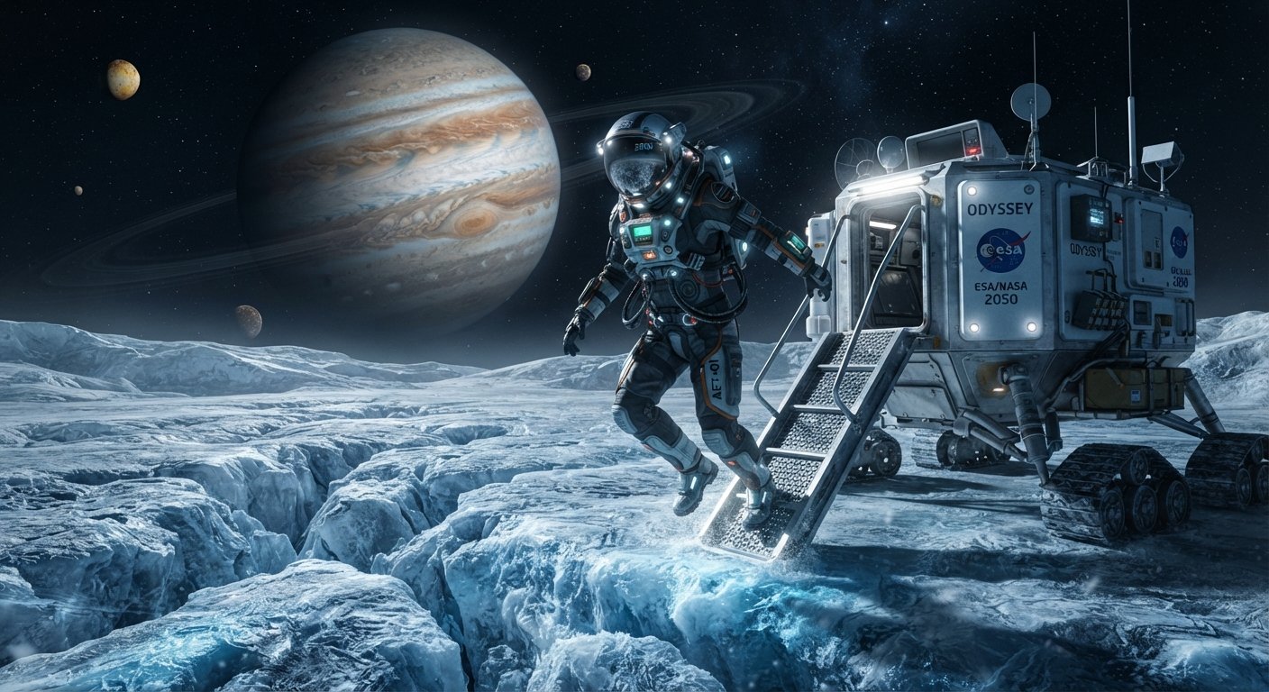 Die Reise zum Mond (The Journey to the Moon) - Astronaut exploring an icy surface on Jupiter's moon Europa. Illustration by Shawn Frandsen