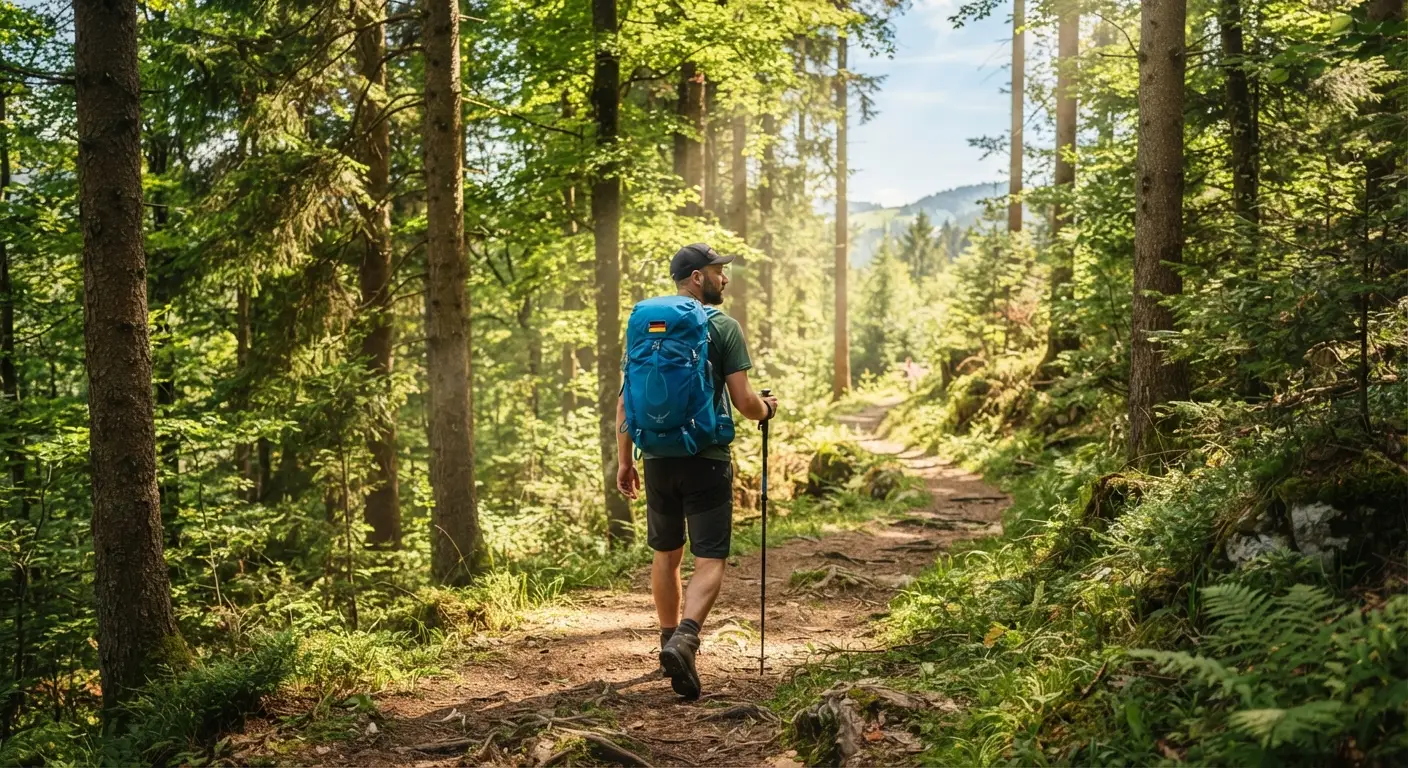 Das große Waldabenteuer (The Big Forest Adventure) - A sunlit trail winding through a dense, tranquil forest. Illustration by Shawn Frandsen