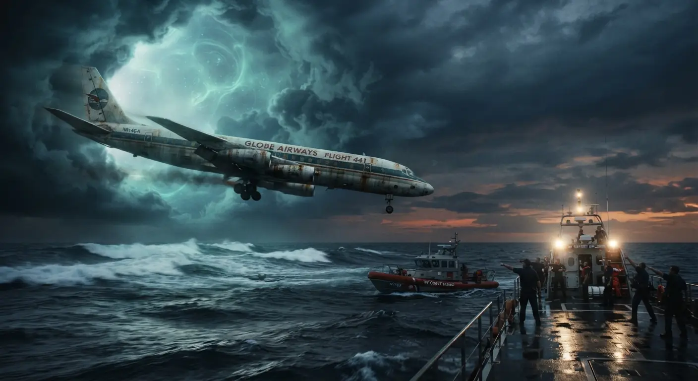 Das Flugzeug aus der Vergangenheit (The Airplane from the Past) - An old passenger airplane landing on a modern airport runway. Illustration by Shawn Frandsen