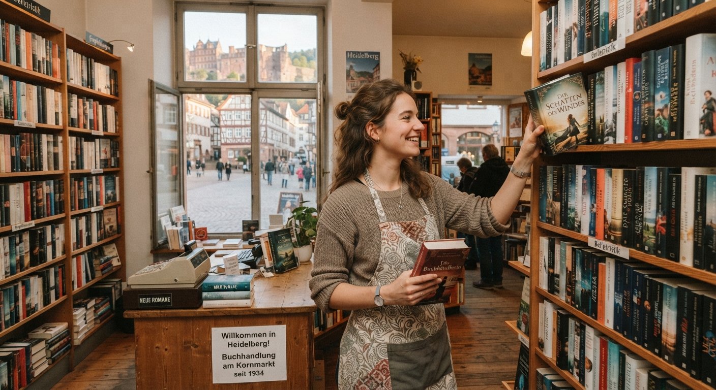 Ein Neuanfang in der Buchhandlung (A New Beginning in the Bookstore) - A cozy German bookstore filled with wooden shelves and books. Illustration by Shawn Frandsen