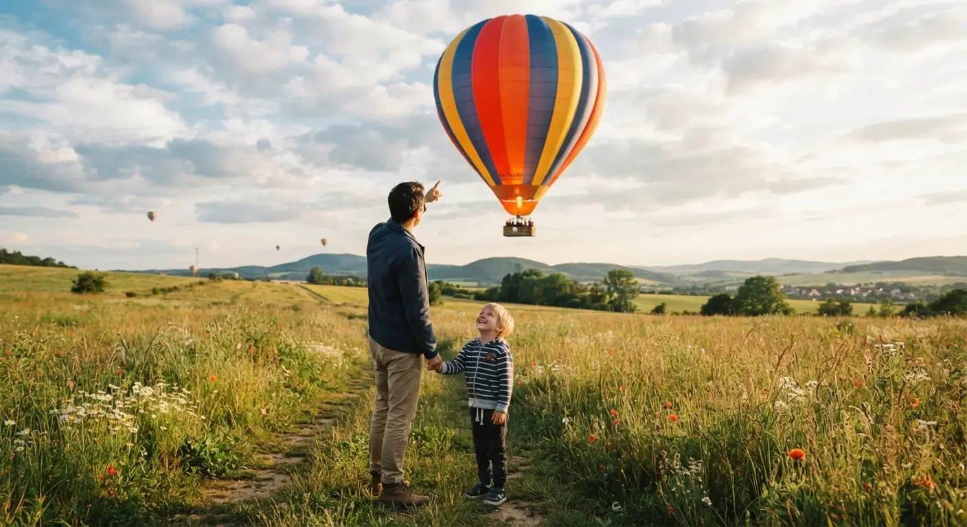 Ein großes Abenteuer im Himmel (A Big Adventure in the Sky) - A vibrant hot air balloon floating peaceful through a bright blue sky filled with fluffy clouds. Illustration by Shawn Frandsen