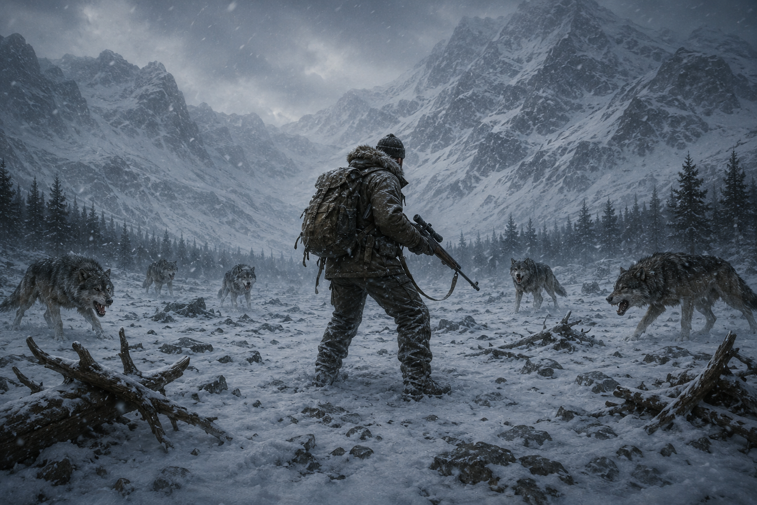 Hunter in the wilderness surrounded by wolves fiction story cover image