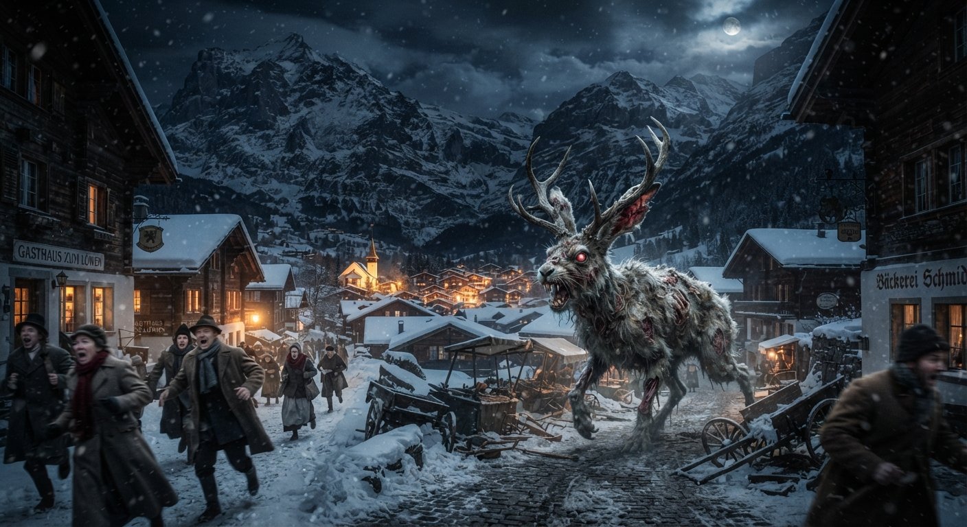 Cover image for a German reading practice short story about a Zombie Jackalope in Swiss village