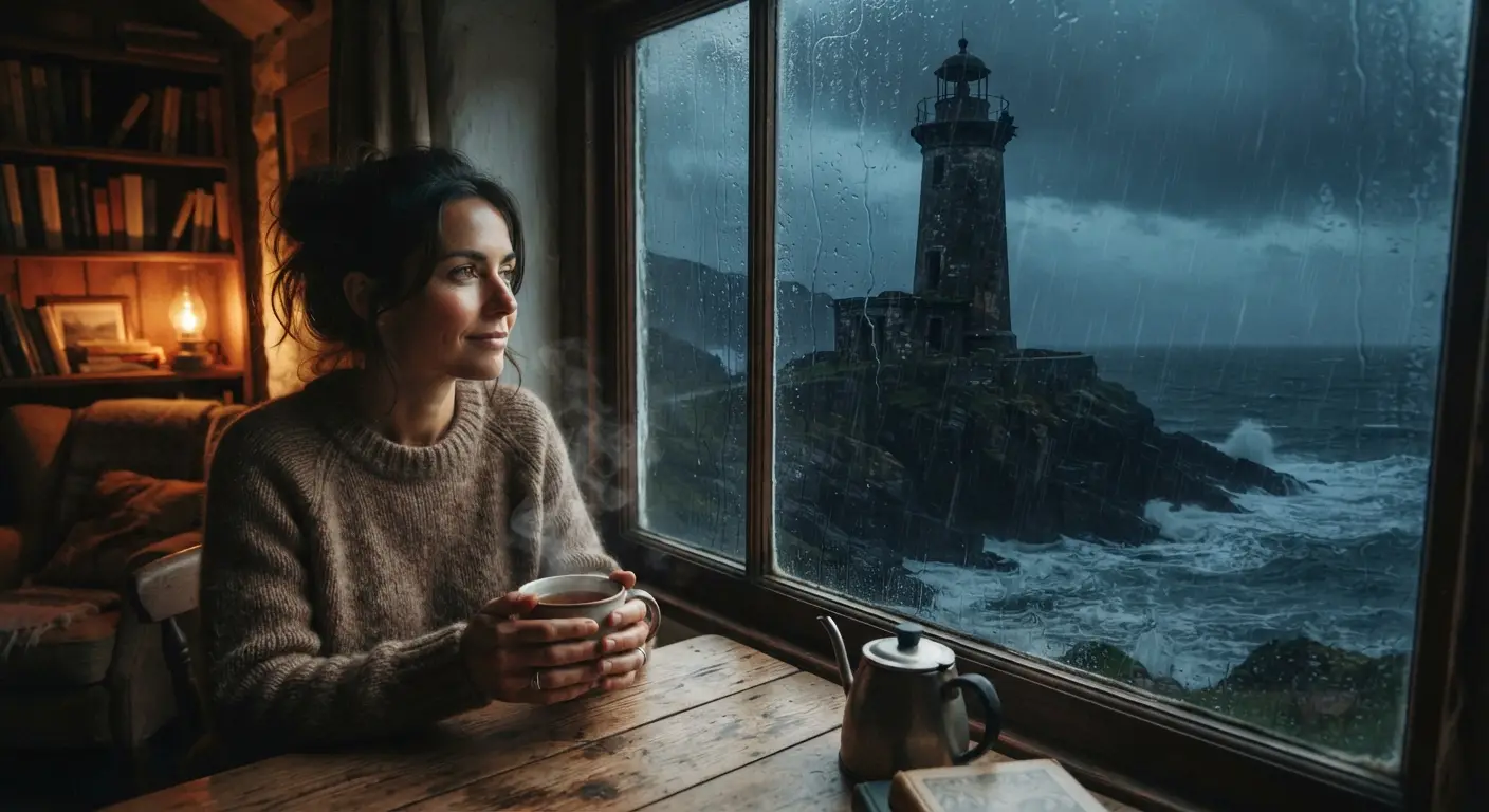 Das Licht im alten Turm (The Light in the Old Tower) - An old stone tower glowing on a stormy coast