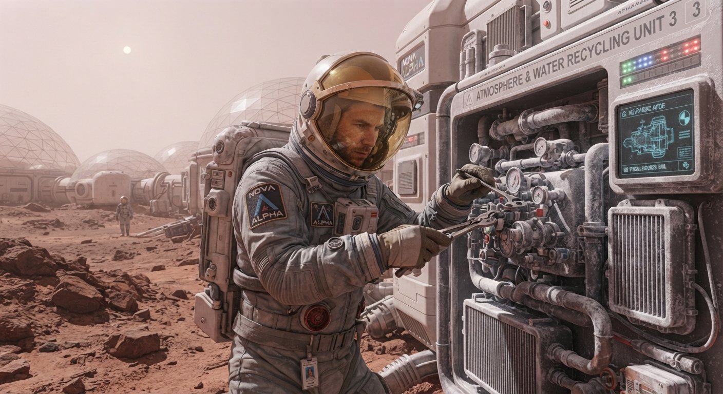 Das Licht im Sand (The Light in the Sand) - Man in spacesuit walking on Mars near glowing blue light. Illustration by Shawn Frandsen