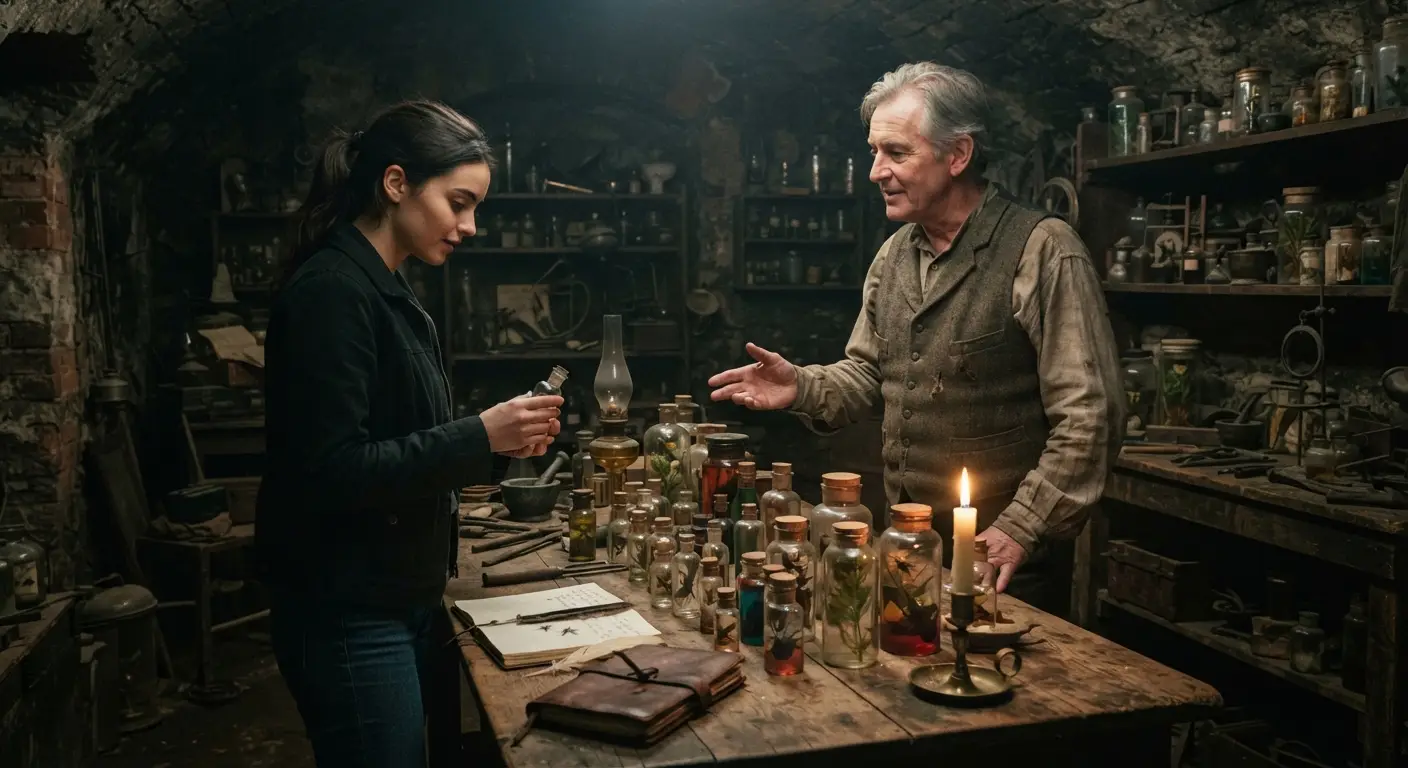Das geheime Labor der Vergangenheit (The Secret Lab of the Past) - An old hidden laboratory filled with vintage science equipment and glowing devices. Illustration by Shawn Frandsen