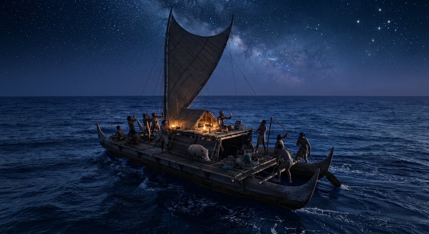 Die große Reise über das Meer (The Great Journey Across the Sea) - A classic ship sailing across the open ocean toward the horizon. Illustration by Shawn Frandsen