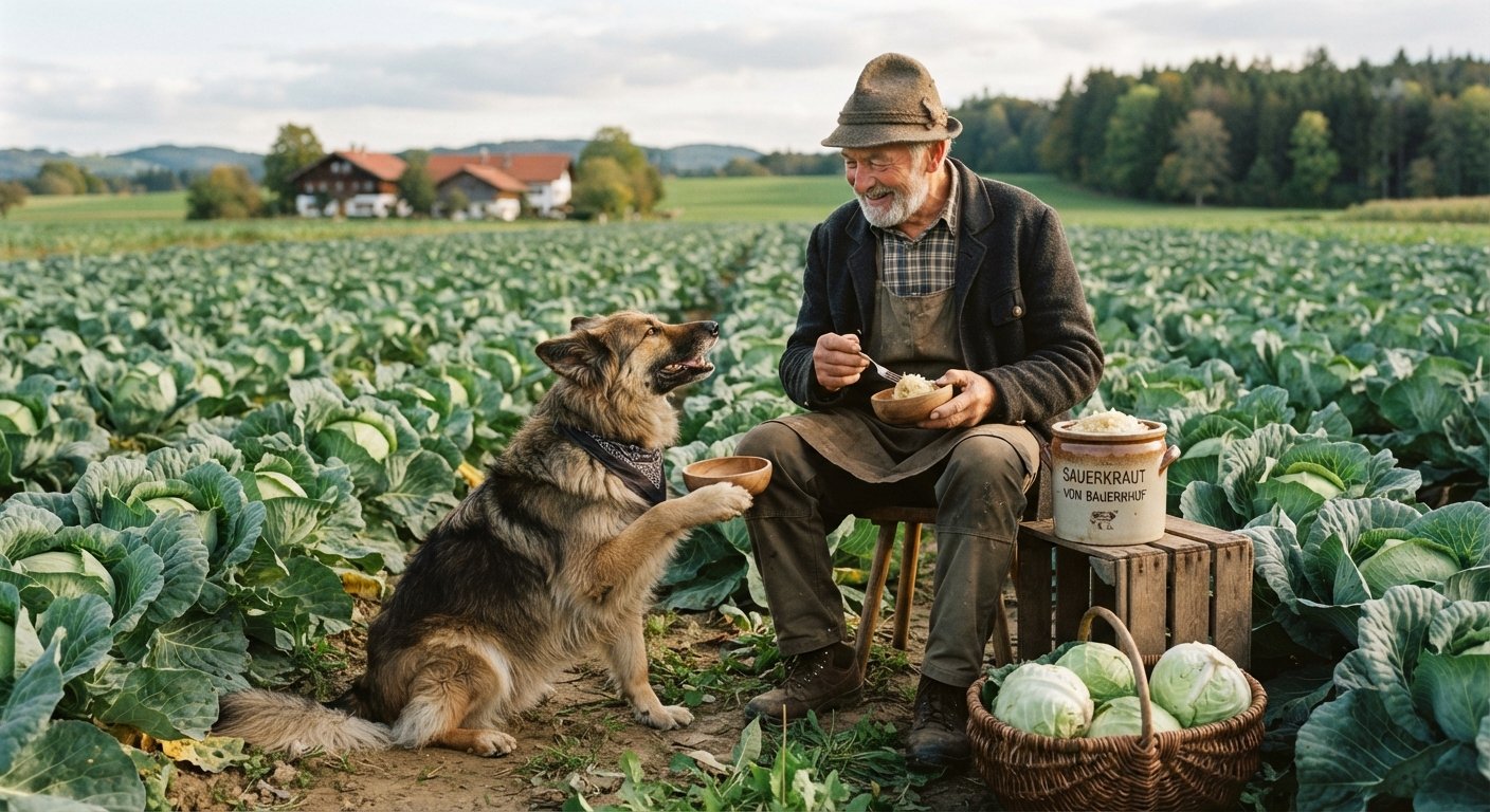 Der Bauer, sein Hund und das Sauerkraut (The Farmer, His Dog and the Sauerkraut) - A farmer sitting at a table with a mischievous dog looking at a pot of sauerkraut