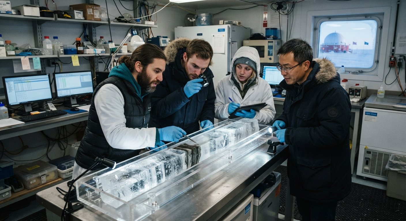 Das gefährliche Eis (The Dangerous Ice) - Scientists working in an Antarctic laboratory research station. Illustration by Shawn Frandsen