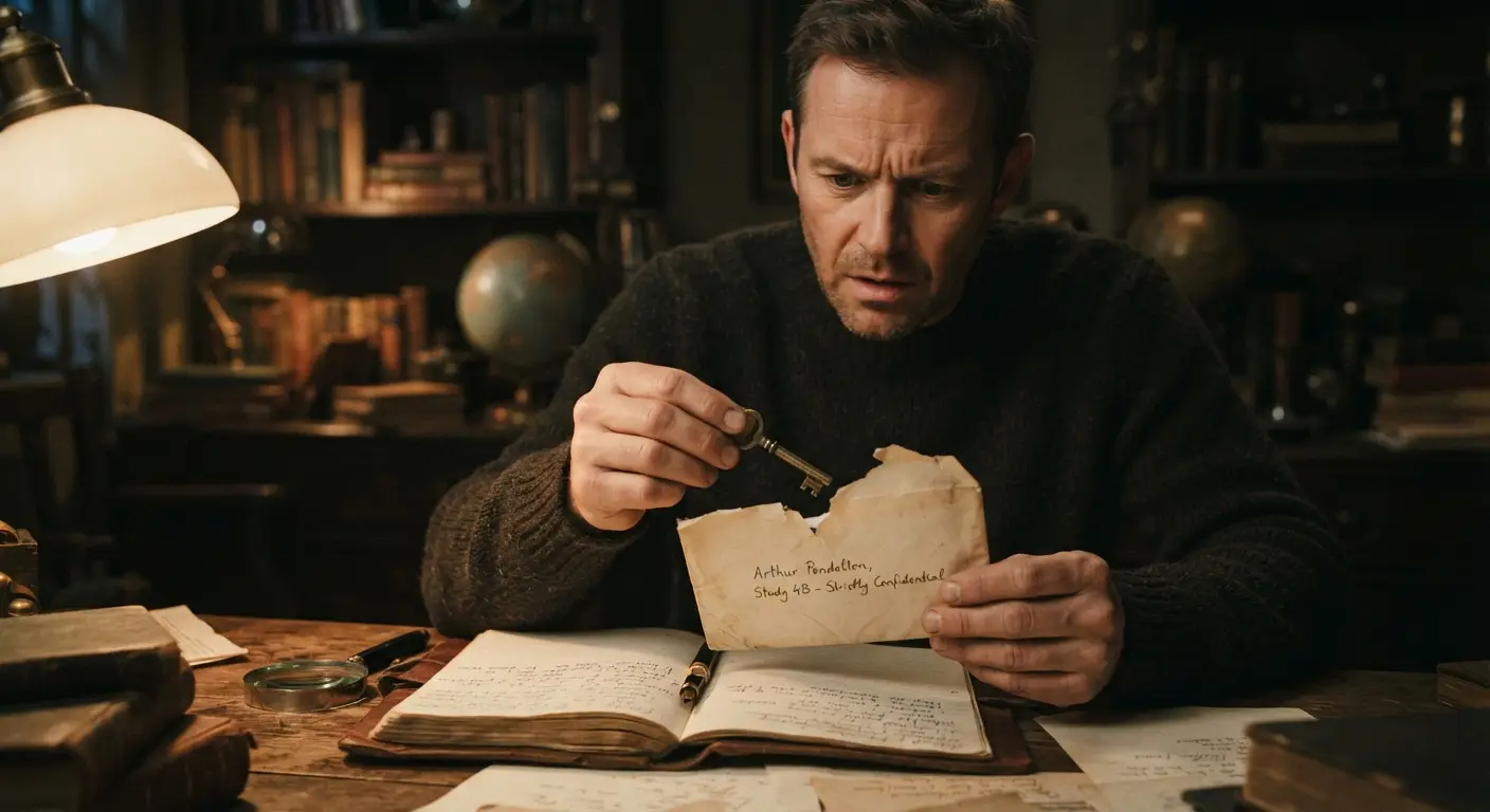 Die geheimnisvolle Suche (The Mysterious Search) - A magnifying glass resting over an old map with hidden clues