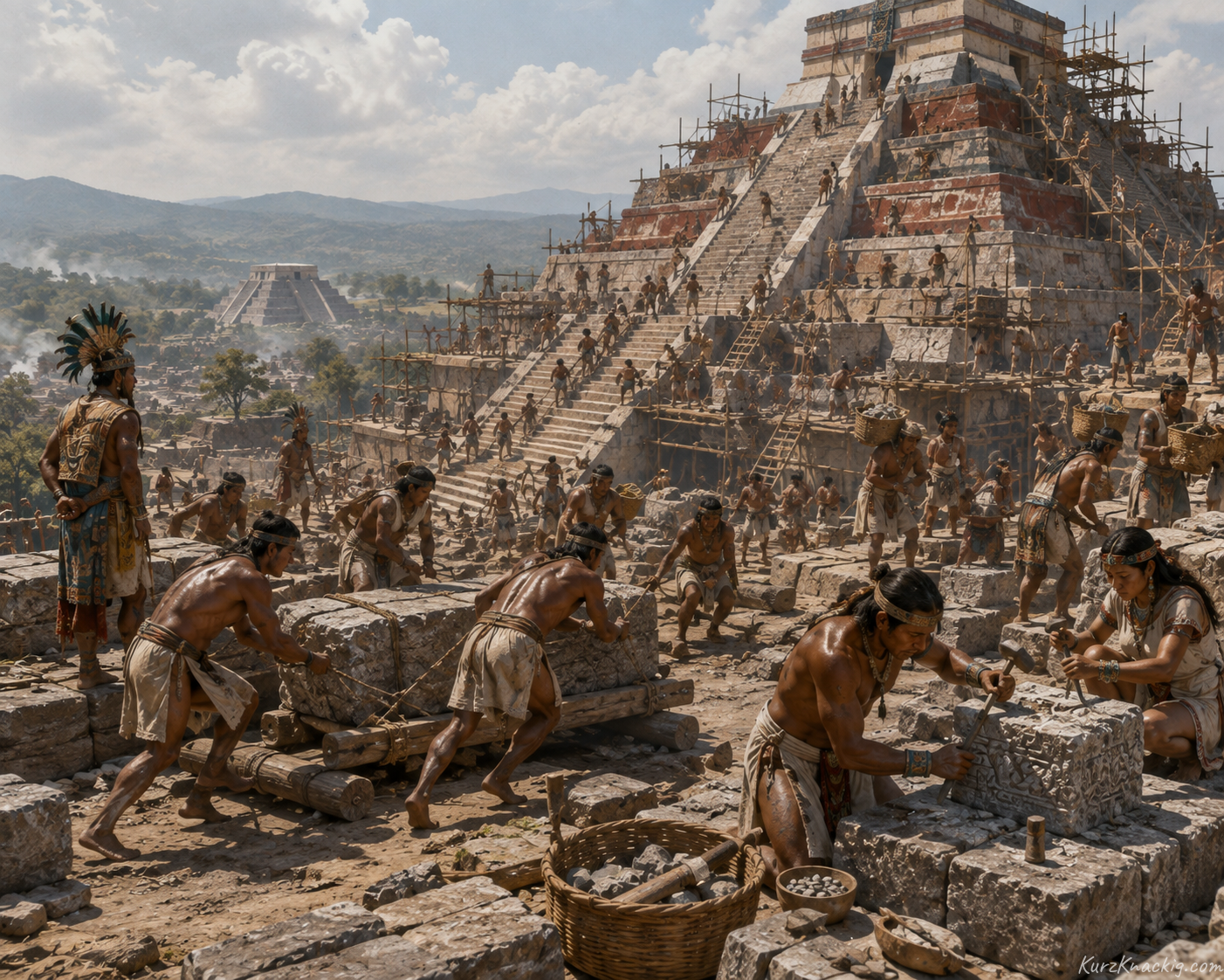 Die Erbauer des großen Tempels (The Builders of the Great Temple) - Ancient stone builders constructing a grand temple under a bright sun. Illustration by Shawn Frandsen