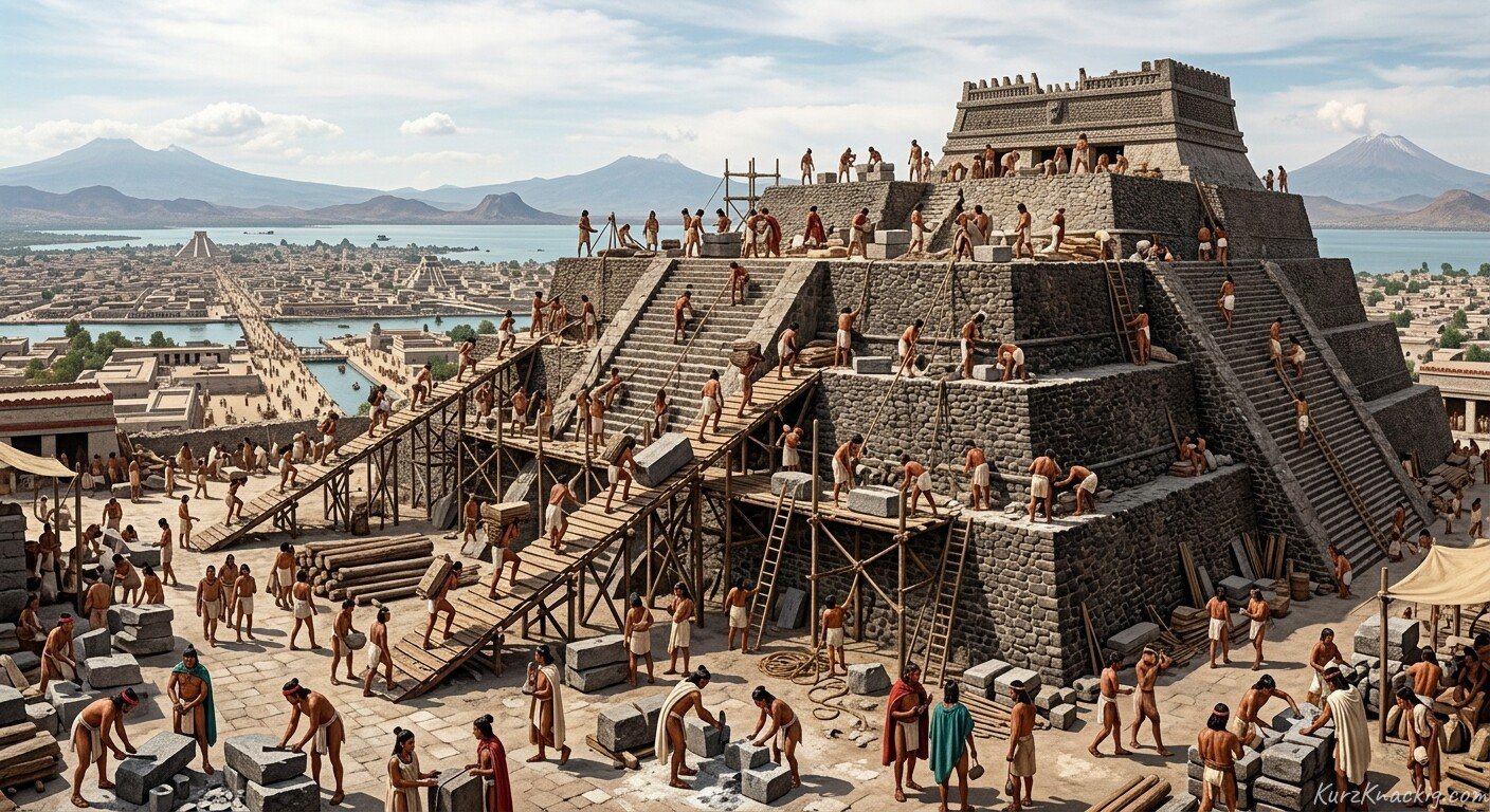 Die Arbeiter des großen Tempels (The Workers of the Great Temple) - Stonemasons and builders working on an ancient grand temple. Illustration by Shawn Frandsen