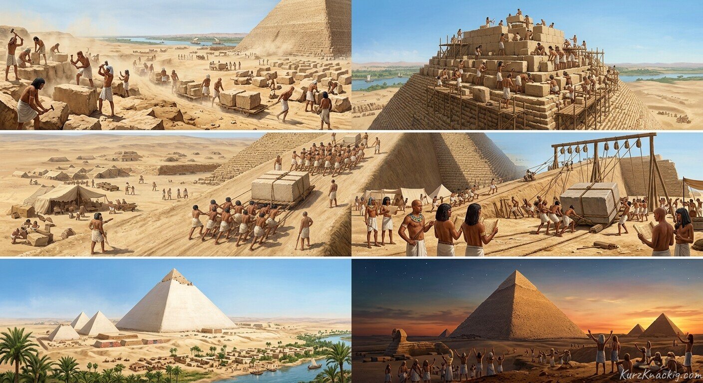 Die Pyramidenbauer (The Pyramid Builders) - Ancient builders constructing a massive stone pyramid in the desert. Illustration by Shawn Frandsen