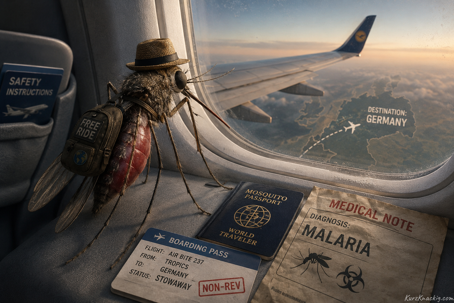 Jetset Mücken (Jetset Mosquitoes) - A tiny mosquito sitting on a piece of luggage at an airport