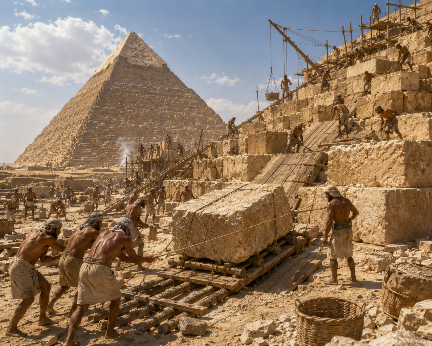 Die Erbauer der Pyramiden (The Builders of the Pyramids) - Ancient Egyptian workers constructing massive stone pyramids under a desert sun. Illustration by Shawn Frandsen