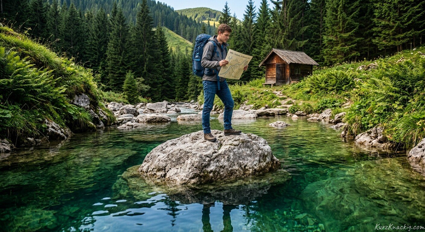Der geheimnisvolle Pfad zum Grünen Fluss (The Mysterious Path to Green River) - A young man holding an old map in a cabin. Illustration by Shawn Frandsen