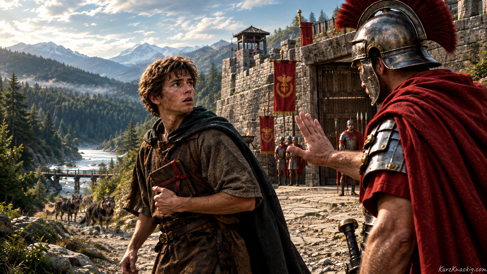 Keine gute Tat bleibt unbestraft (No Good Deed Goes Unpunished) - A young man standing before a Roman soldier outside an ancient stone fort. Illustration by Shawn Frandsen.