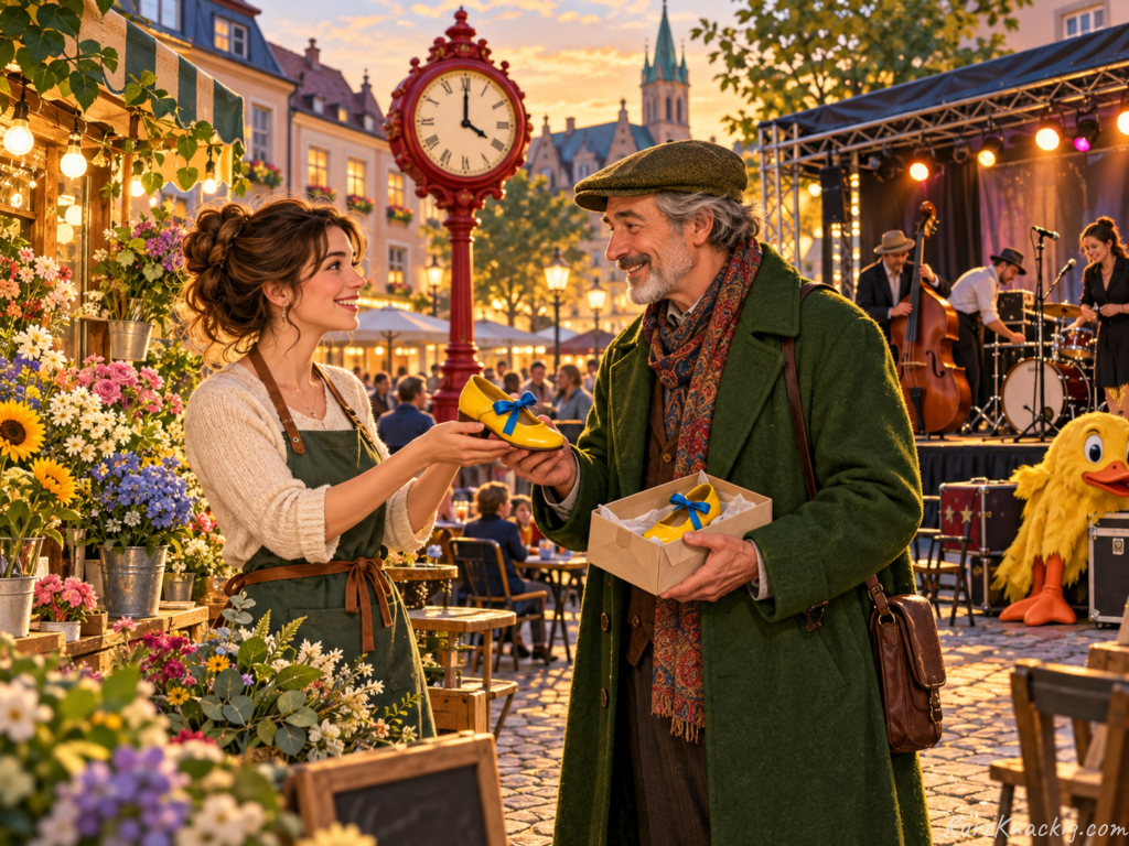 Der gelbe Schuh um vier (The Yellow Shoe at Four) - An adult woman returns a yellow shoe to an older man at a town square music show. Illustration by Shawn Frandsen