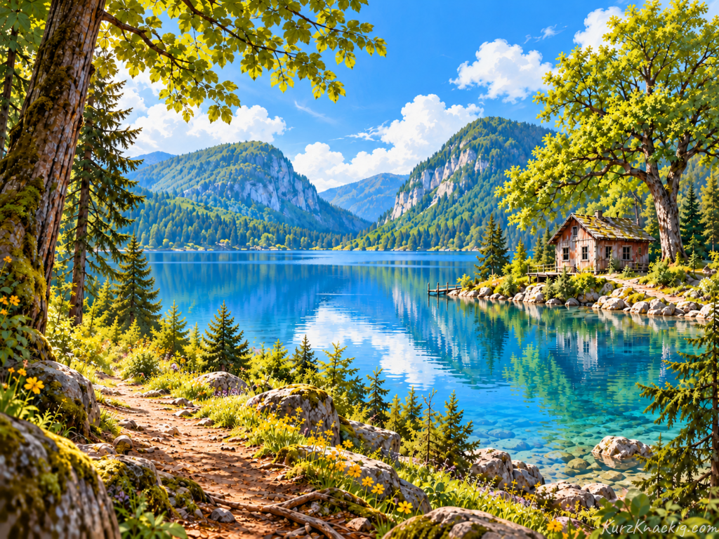 Der Weg zum Blauen See (The Path to Blue Lake) - Ella and her father beside a blue lake with a wooden house and green hills. Illustration by Shawn Frandsen.
